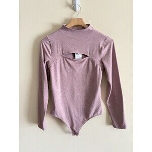 Express Body Contour pink bodysuit mock neck long sleeve key hole thong‎ size M